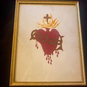 Art- Hand embroidered Sacred Heart ❤️ Of Jesus  12x10” glass framed w wire
